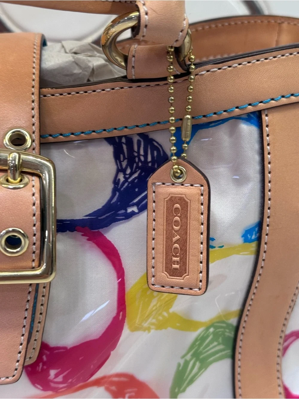 Coach Multicolor Logo Print Boxy  Tote w/ Tan Leather - Vintage -Limited Edition